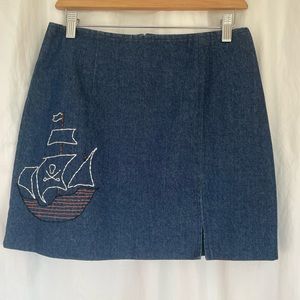One of a kind embroidered denim mini skirt